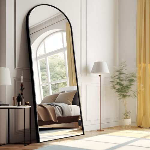 NeuType 71″x24″ Arched Full Length Mirror Large Arched Mirror Floor Mirror with Stand Large Bedroom Mirror Standing or Leaning Against Wall Aluminum Alloy Frame Dressing Mirror, Black